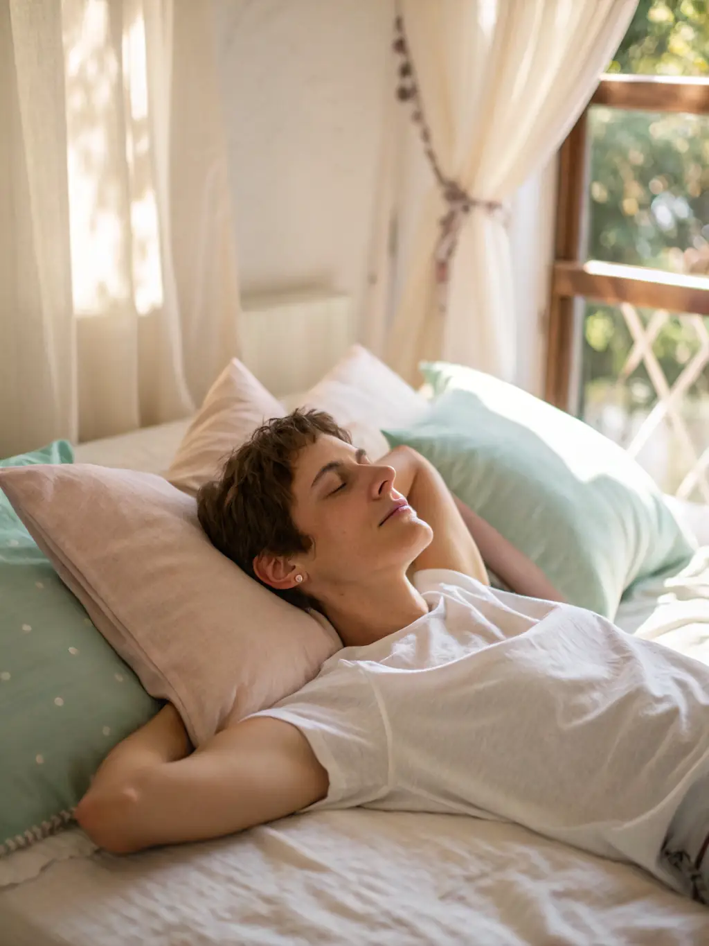 A person lying on the Meridian Acupressure Mat, eyes closed, with a serene expression, emphasizing relaxation and stress relief.